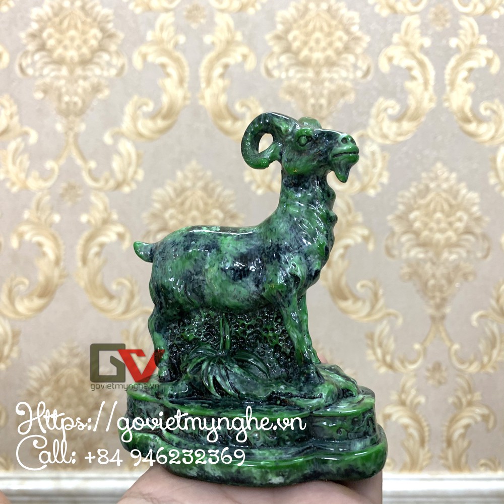 Tượng đá con Dê phong thủy trang trí bàn làm việc mang may mắn tài lộc - Cao 11cm - Màu Xanh