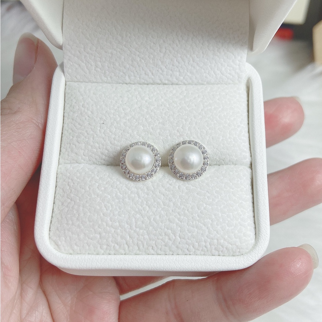 Bông tròn đính hạt li to, khuyên tai chất liệu bạc ta sang trọng - Trang sức bạc Evasilver