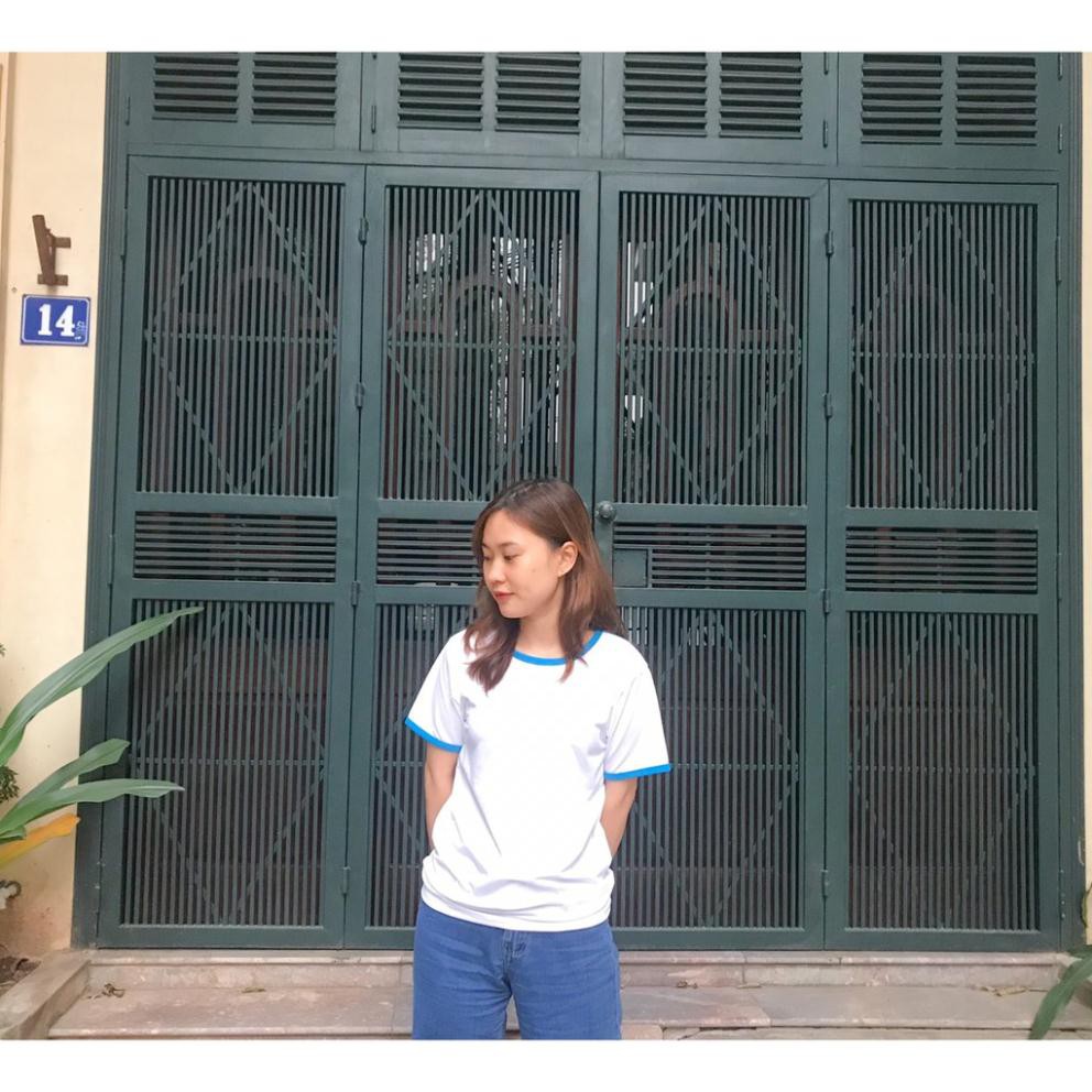 Áo Thun Trơn Màu Trắng Viền Xanh In Được Chuyển Nhiệt