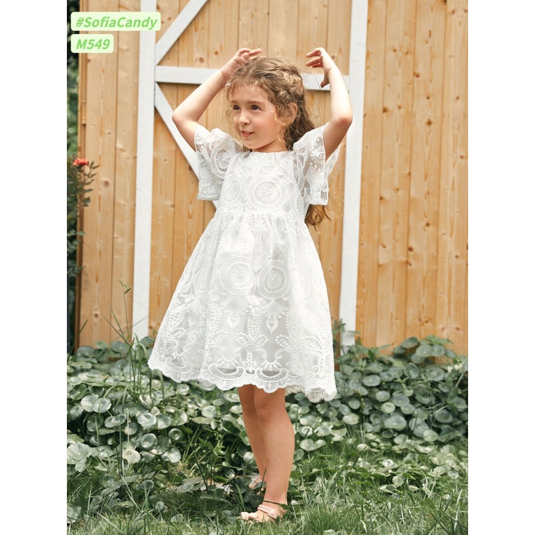 Đầm bé gái ren thêu trắng công chúa tiểu thư sang chảnh 10-40kg