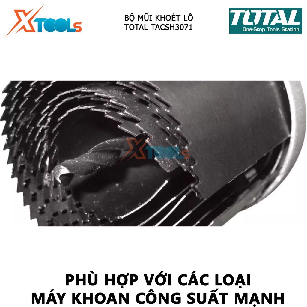 Bộ mũi khoét lỗ gỗ 7 chi tiết TOTAL TACSH3071 bộ 7 mũi khoét gỗ chất liệu thép cao cấp Đường kính lỗ khoét 26,32,38,45,5