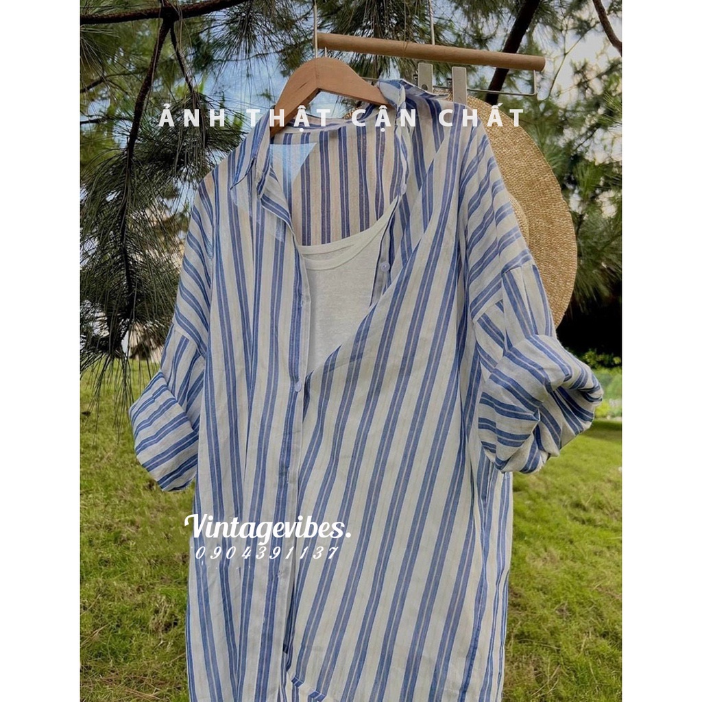 Áo sơ mi Hàn Quốc, Áo sơ mi kẻ sọc to dài tay style thanh lịch Ulzzang