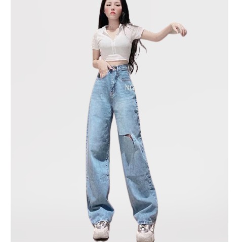 Quần jeans nữ ống rộng màu xanh - Quần bò ống rộng rách gối - CM Shop