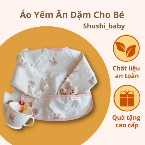 Áo Yếm Ăn Dặm Cho Bé Thiết Kế dài Tay Có Máng Họa Tiết Gấu Xinh Xắn