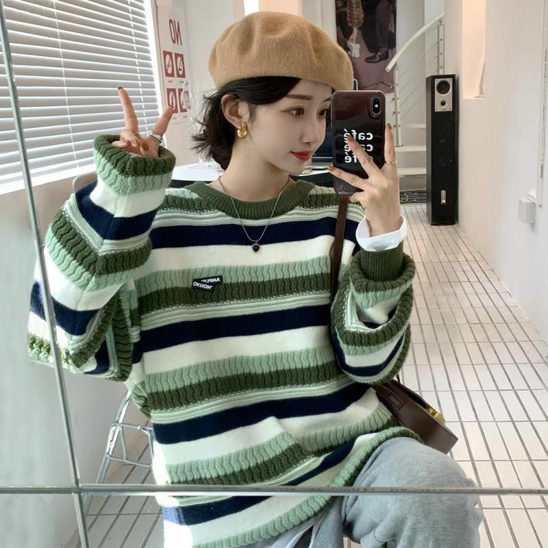 Áo Len Dệt Cổ Tròn Nữ Hoạ Tiết Kẻ Ngang Phong Cách Hàn Quốc ❤️