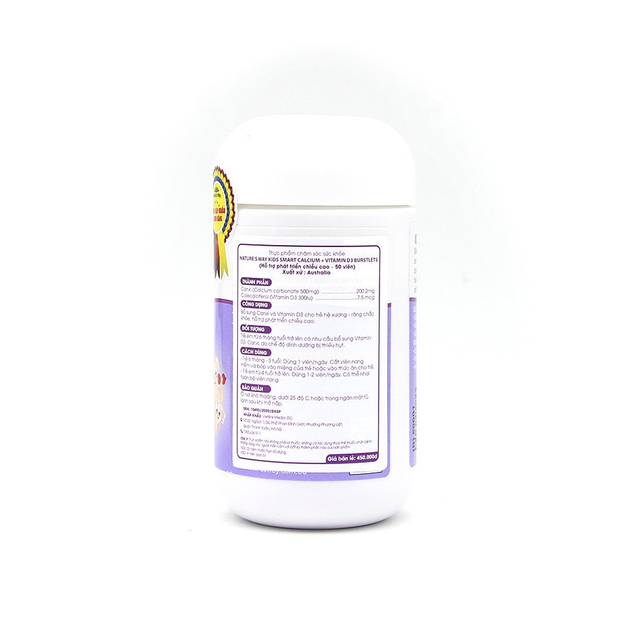 [Giá Gốc] Kẹo dẻo hỗ trợ phát triển chiều cao Kids Smart Calcium + Vitamin D3 Burstlets Nature's Way - Lọ 50 viên
