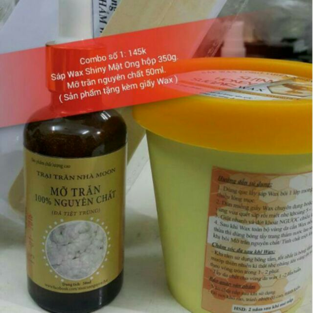 Combo sáp wax mật ong và mỡ trăn 50ml, giấy wax và 2 que gỗ tặng kèm.