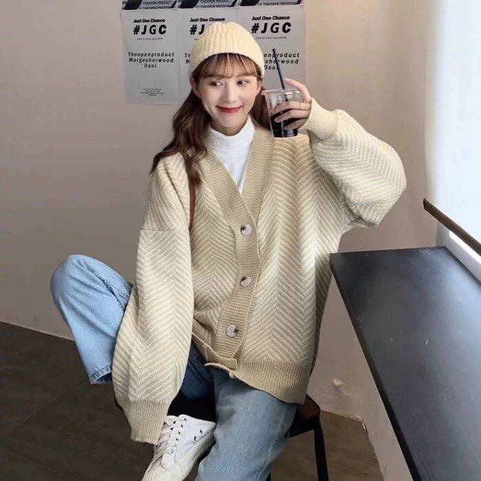 Áo Khoác Cardigan Cổ Chữ V Dáng Rộng Thời Trang Theo Phong Cách Retro
