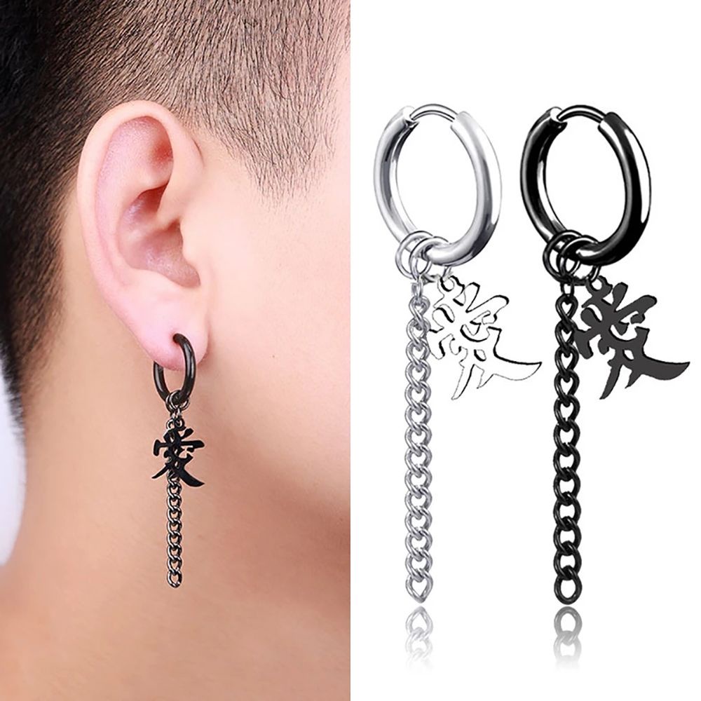 Bông tai dạng khoá/kẹp inox hình ngôi sao mặt trăng/chữ Trung Quốc gắn dây xích dài phong cách Punk