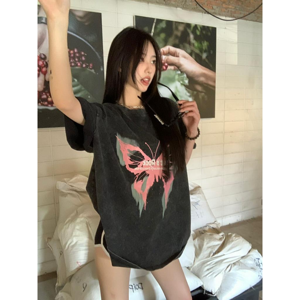 Áo Thun Cotton Ngắn Tay In Hình Bướm Đen Phong Cách Retro 63315