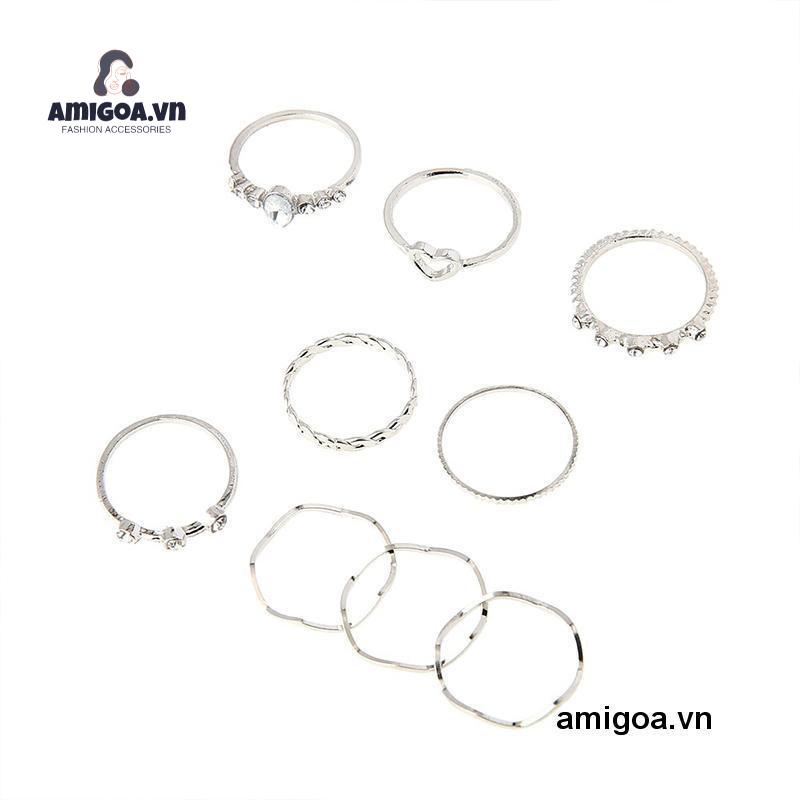 ✨✨Set 9 Nhẫn Đeo Ngón Tay Nhiều Màu Hình Trái Tim Phong Cách Hàn Quốc Cho Nữ