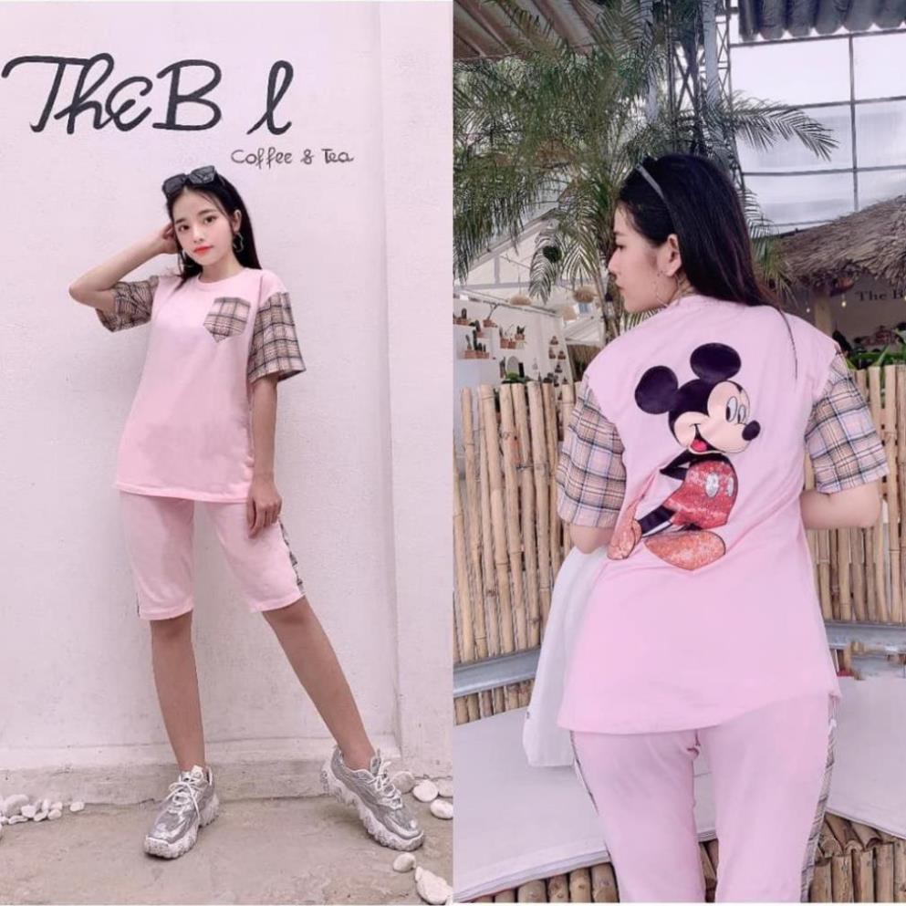 Đồ Bộ Nữ MIC06228 Đồ Bộ Mặc Nhà Chất Cotton Đẹp Hình In Mickey Sọc Ca Rô 2 Bên Size 40KG - 80KG | BigBuy360 - bigbuy360.vn