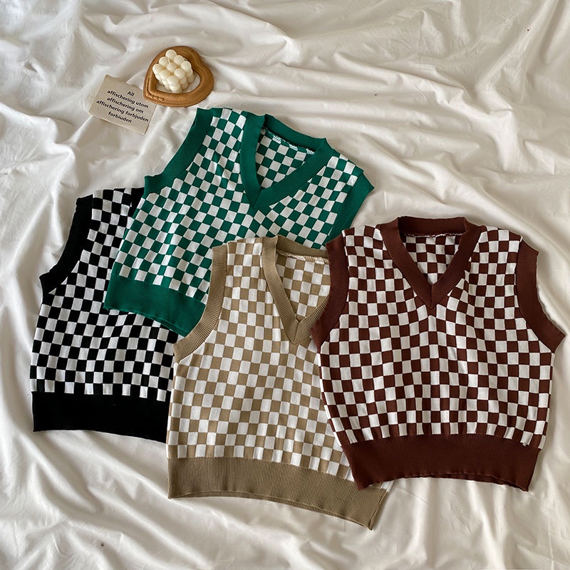 Áo len cổ chữ v không tay họa tiết sọc caro thời trang nữ