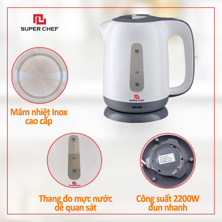 [Mã BMBAU50 giảm 7% đơn 99K] Ấm Đun Siêu Tốc Super Chef Nhựa 1.7l , Bảo Hành 1 Năm Siêu Tiện Lợi