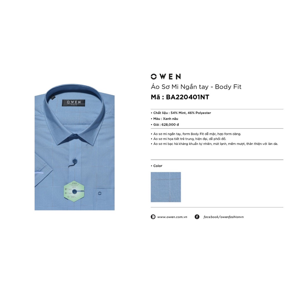 Áo Sơ Mi Nam Ngắn Tay Owen BA220401NT Somi Cộc Tay Công Sở Cao Cấp Xanh Nâu Caro Chất Bạc Hà Dáng Suông Tà Bằng Có Túi