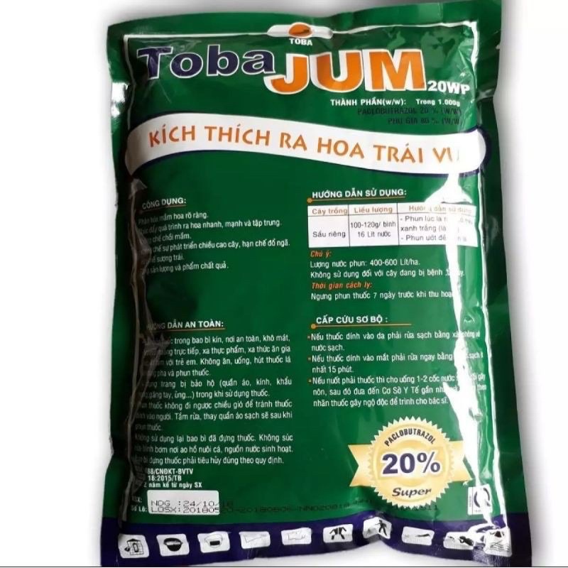 Phân bón Toba Jum 20WP kích thích ra hoa đồng loạt, ra hoa trái vụ xoài sầu riêng bidamin, tobajum