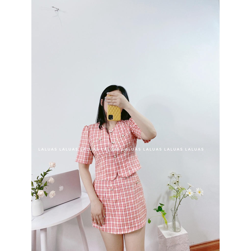 Set áo chân váy bigsize caro hồng
