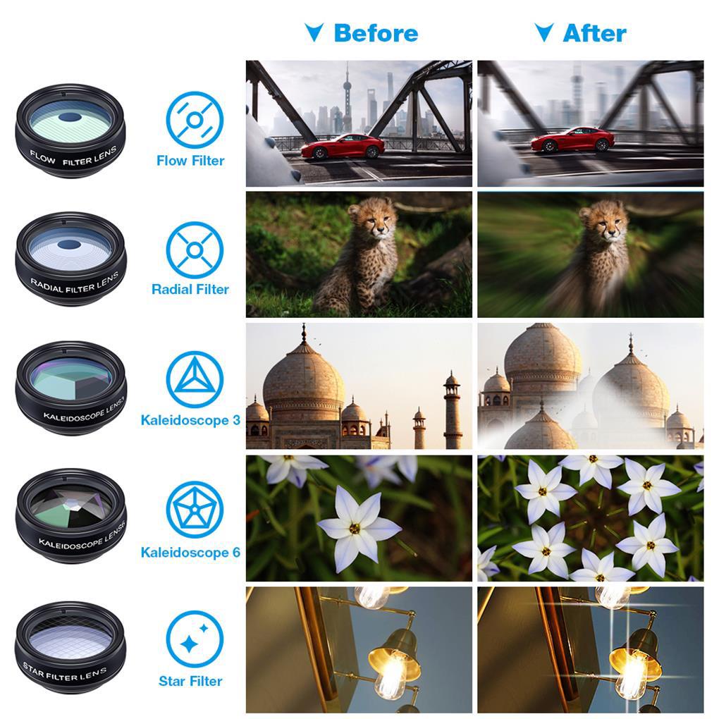 Bộ Ống Kính HD Chuyên Nghiệp 10 Trong 1 HD Zoom HD / 198°Bộ Lọc Ống Kính Fisheye / Wide Angle / Macro Lens / Kaleidoscope 3 Và 6 / 4 Dòng