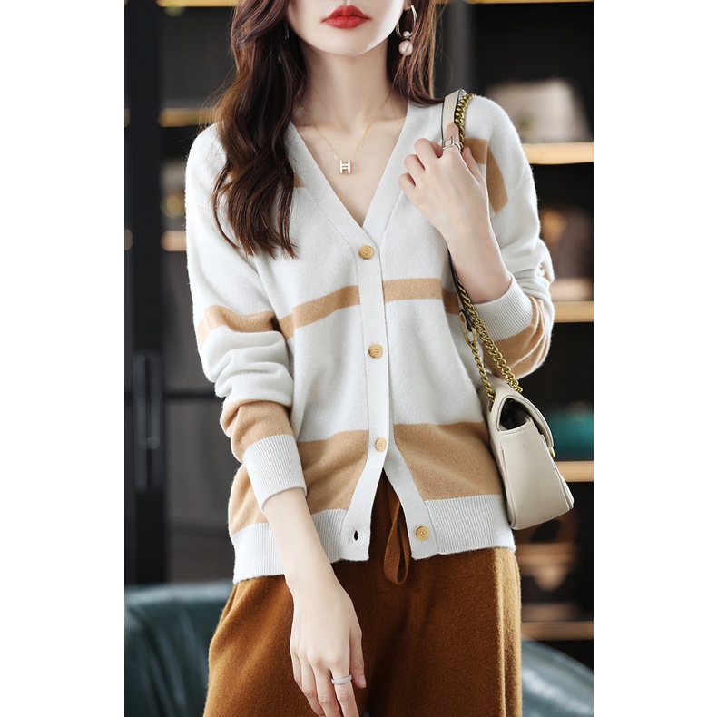 Áo khoác cardigan ZHELIHANGFEI dệt kim tay dài cổ V họa tiết sọc ngang thời trang thanh lịch cho nữ