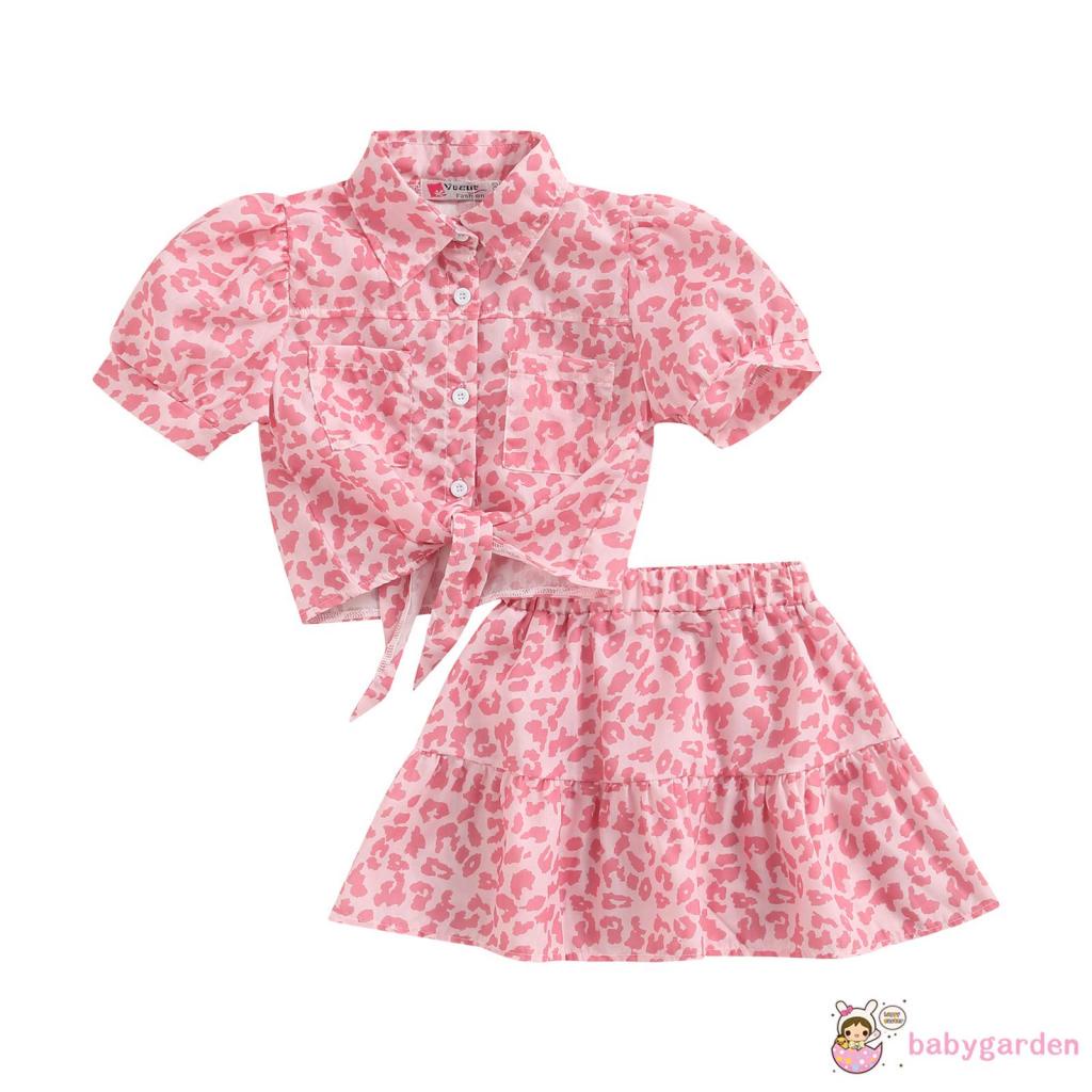 Bộ áo croptop tay ngắn in họa tiết da báo + chân váy co giãn thời trang cho bé gái