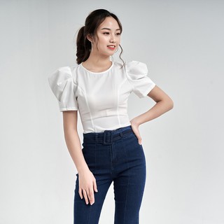Áo Sơ mi Cổ Tròn Tay Phồng Kết Hợp Quần Kaki