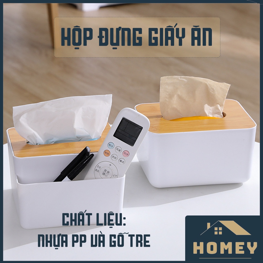 Hộp đựng giấy ăn, hộp đựng khăn giấy để bàn nắp gỗ thương hiệu HOMEY