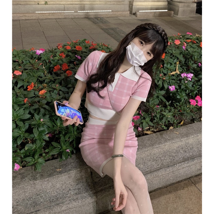 Set Áo Croptop Dệt Kim + Chân Váy Lưng Cao Phong Cách Hàn Quốc Quyến Rũ Cho Nữ