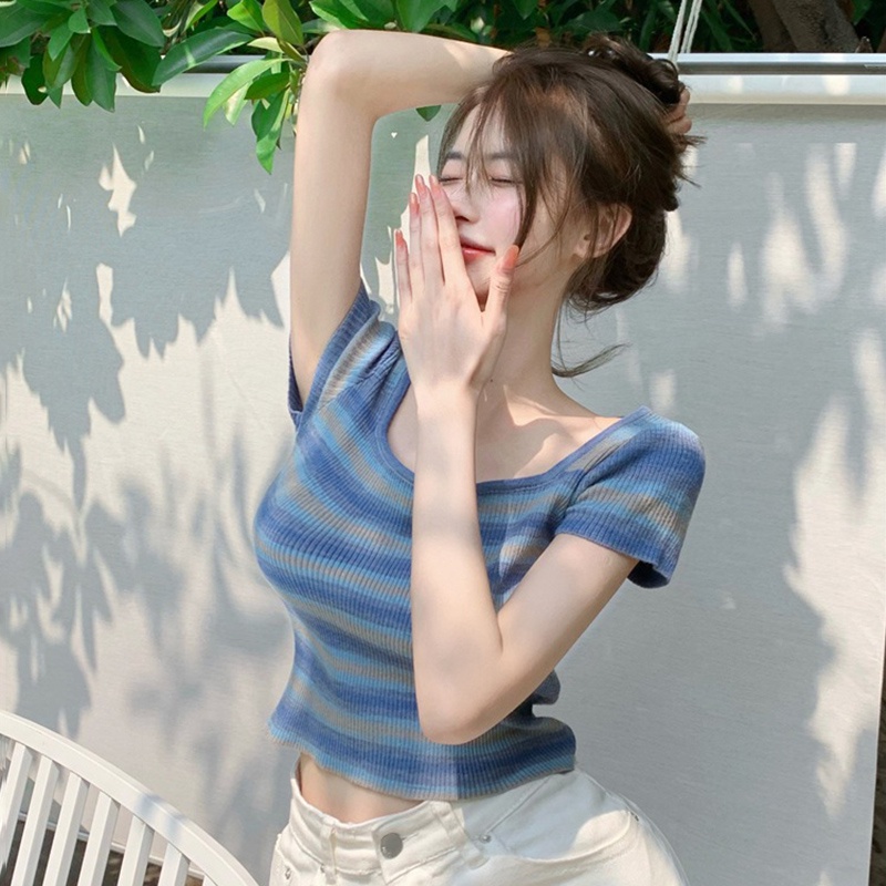 Áo Thun Lửng Tay Ngắn Cổ Vuông Họa Tiết Sọc Ngang Thời Trang Dành Cho Nữ