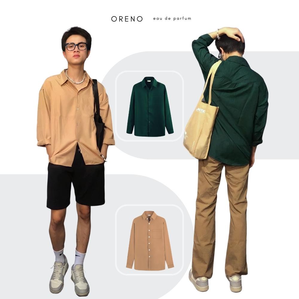 Áo sơ mi nam form rộng Oreno phong cách Unisex thời trang áo sơ mi lụa màu kem nâu xanh lá hot trend