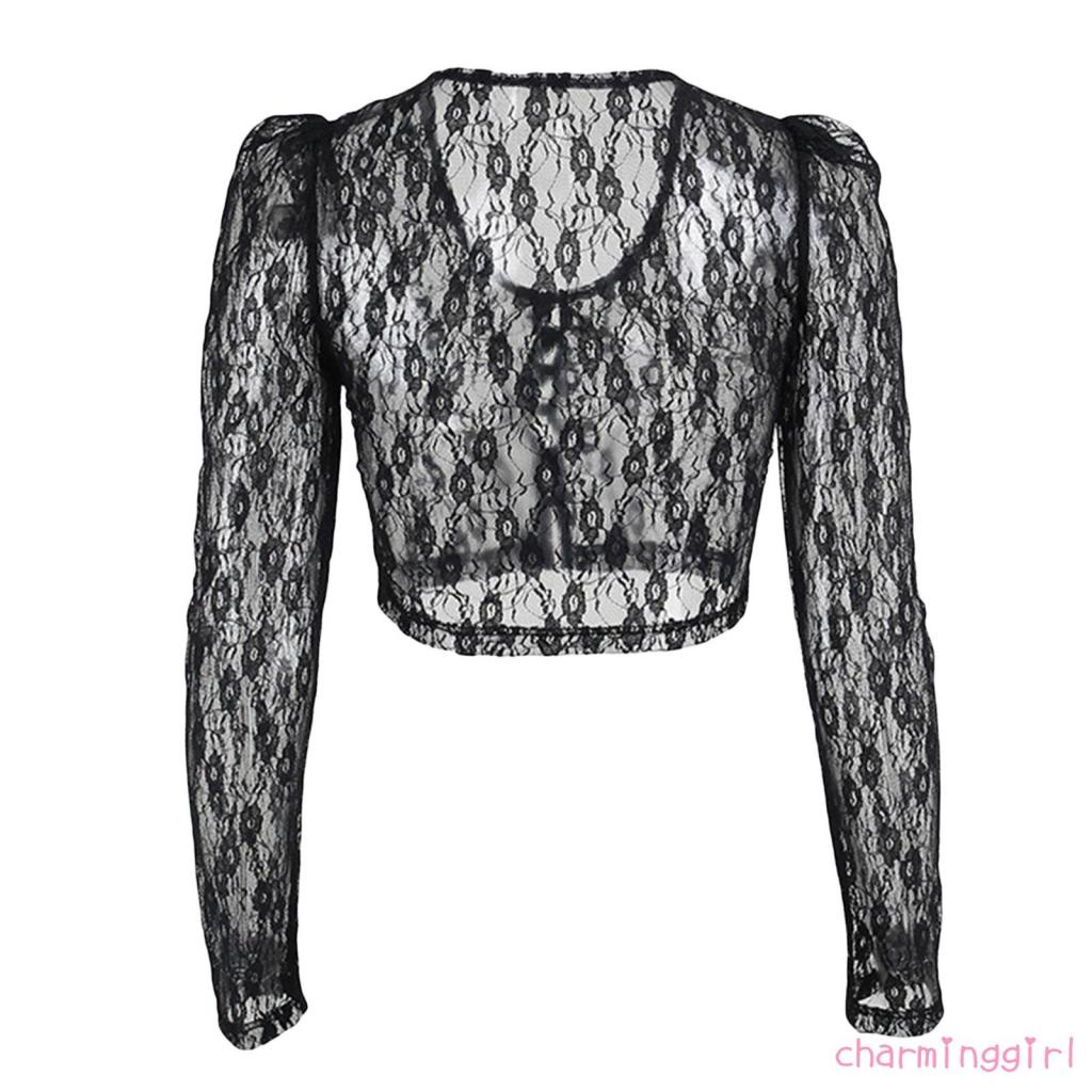 Áo croptop tay dài cổ chữ V phối ren quyến rũ dành cho nữ