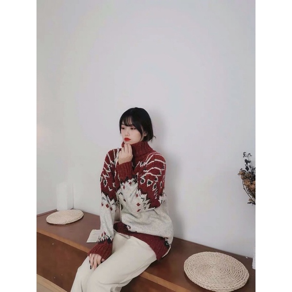 Áo len thổ cẩm cổ cao chất dày dặn/Áo len hoạ tiết Noel Hàn Quốc