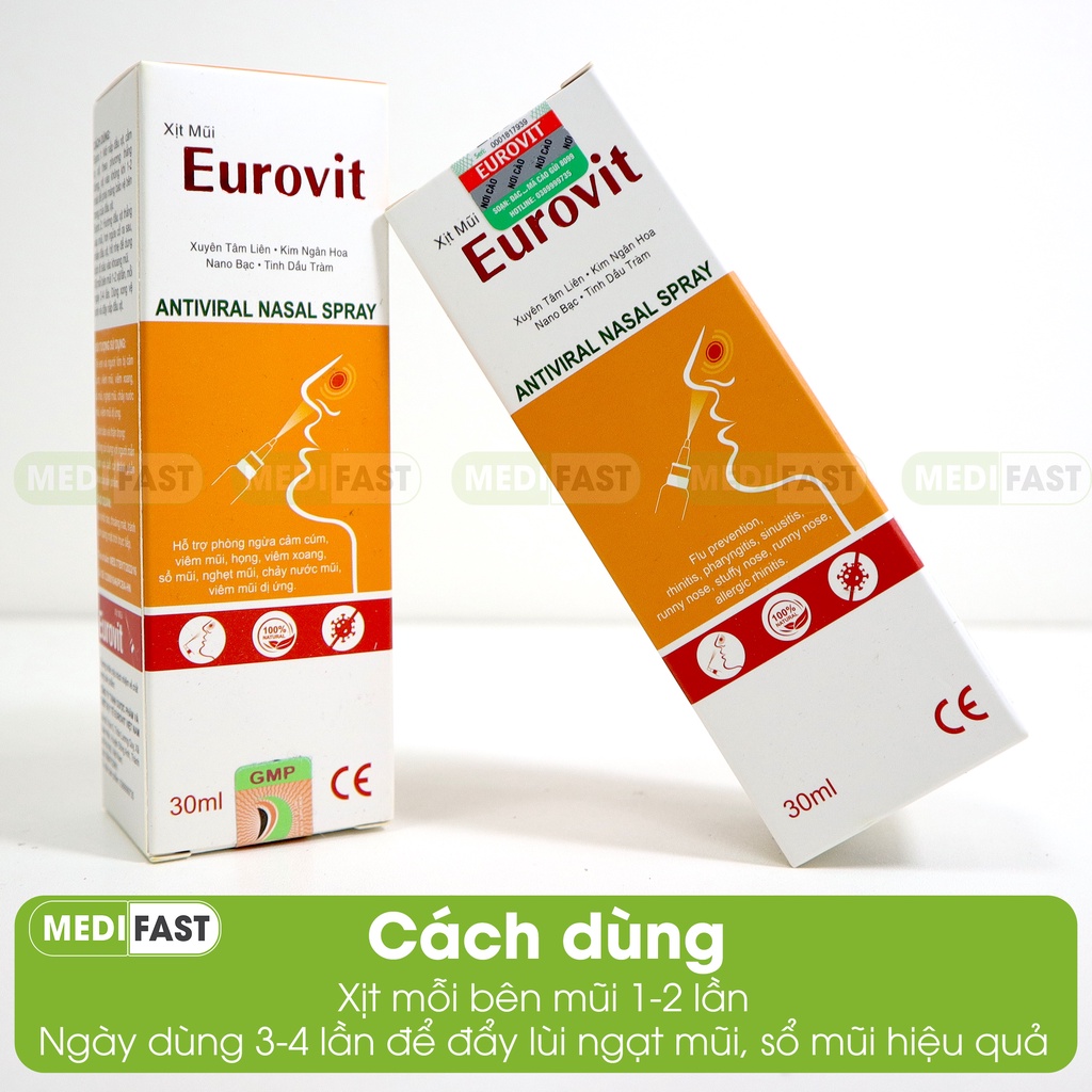 Dung dịch xịt mũi Eurovit giúp giảm ngạt mũi, thông mũi, phòng ngừa cảm cúm - Lọ 30ml từ thảo dược