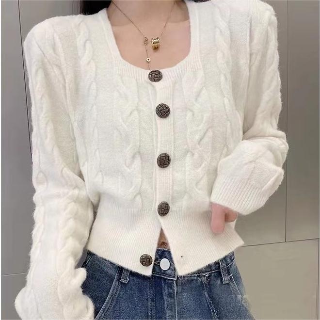 Áo cardigan dệt kim ZHELIHANGFEI tay dài cổ vuông lưng cao thiết kế dễ thương sáng tạo