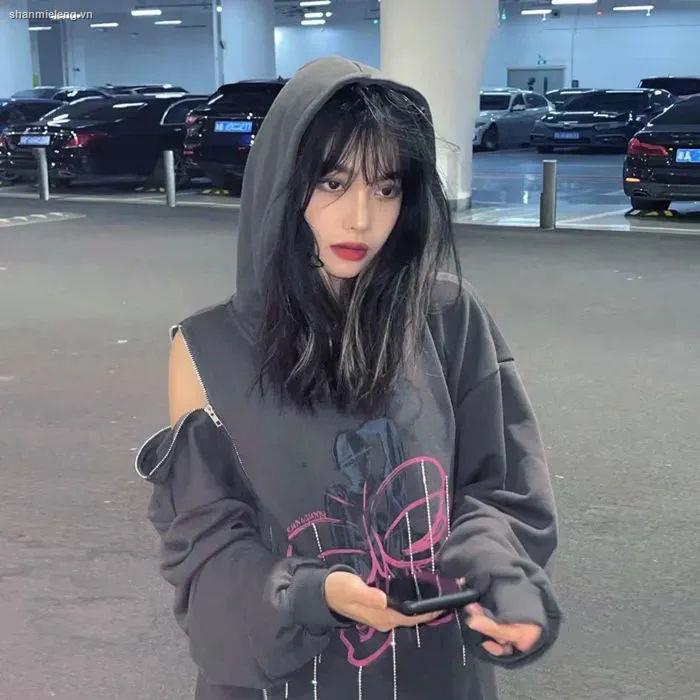 Áo hoodie dáng rộng phối khóa kéo đính đá thời trang xuân thu dành cho nữ