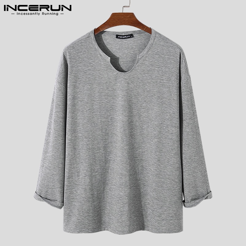 Áo thun Incerun dài tay cổ kiểu màu trơn 3 màu tùy chọn thời trang cho nam