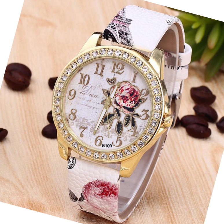 Đồng hồ nữ Dan 039 dây da đính đá khóa cài xinh xắn mẫu Hàn Quốc - DHO039