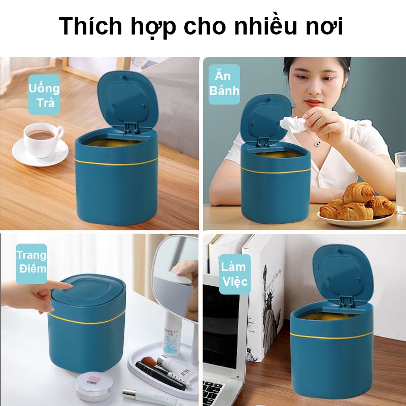 Thùng Rác Thông Minh Để Bàn Tiện Lợi, Thùng Rác Văn Phòng Mini Phong Cách Hiện Đại Có Nắp Bấm