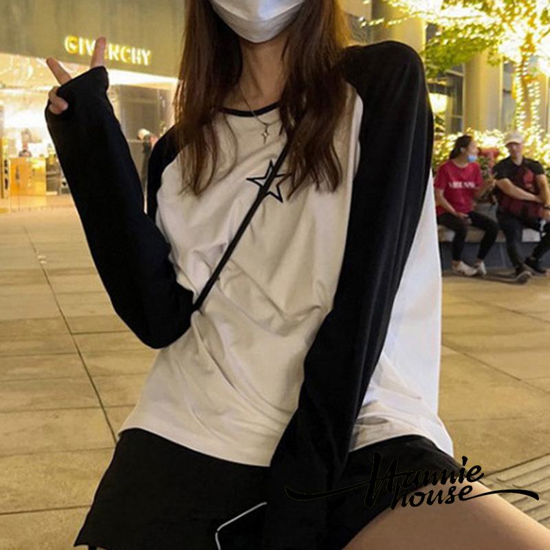 Áo Thun Tay Dài Cổ Tròn In Hình Ngôi Sao Màu Sắc Tương Phản Thời Trang Cho Nữ