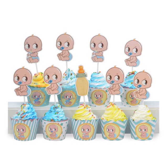 Set 6 tag quấn cupcake và 6 tem cắm bánh nhiều chủ đề trang trí sinh nhật