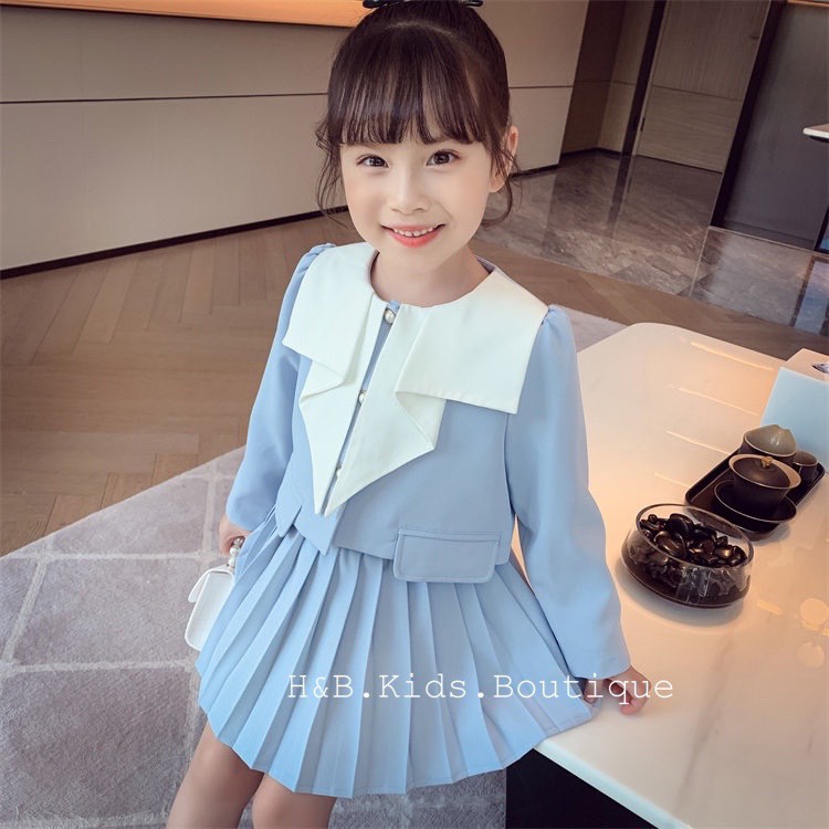 Set bộ bé gái, áo vets tiểu thư cách điệu cổ viền + chân váy xếp ly xinh xắn cho bé (20-30kg)