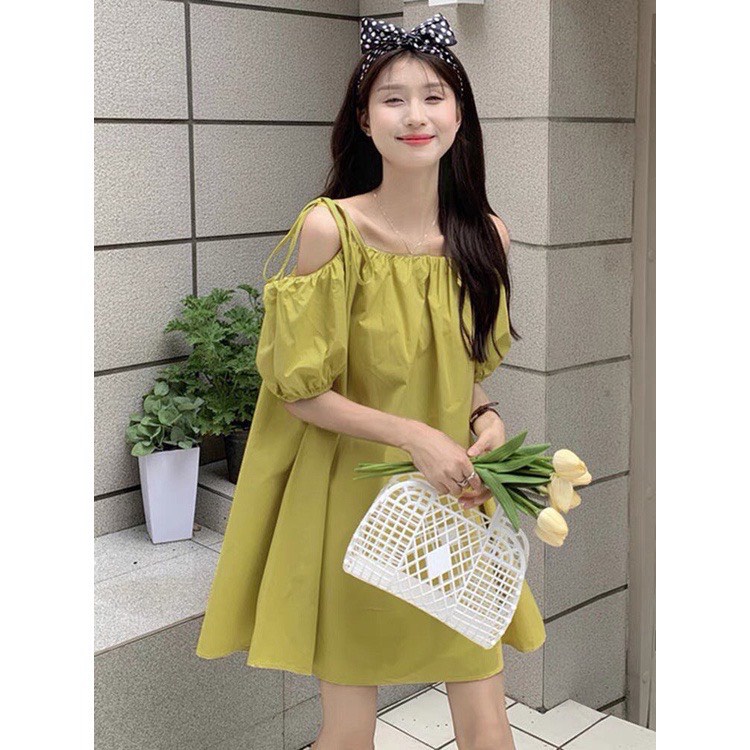 Váy trễ vai tay bồng 2 dây thắt nơ chất thô mềm màu xanh cốm trắng- Đầm babydoll nữ hở vai ulzzang, TONGKHOQUANAONU