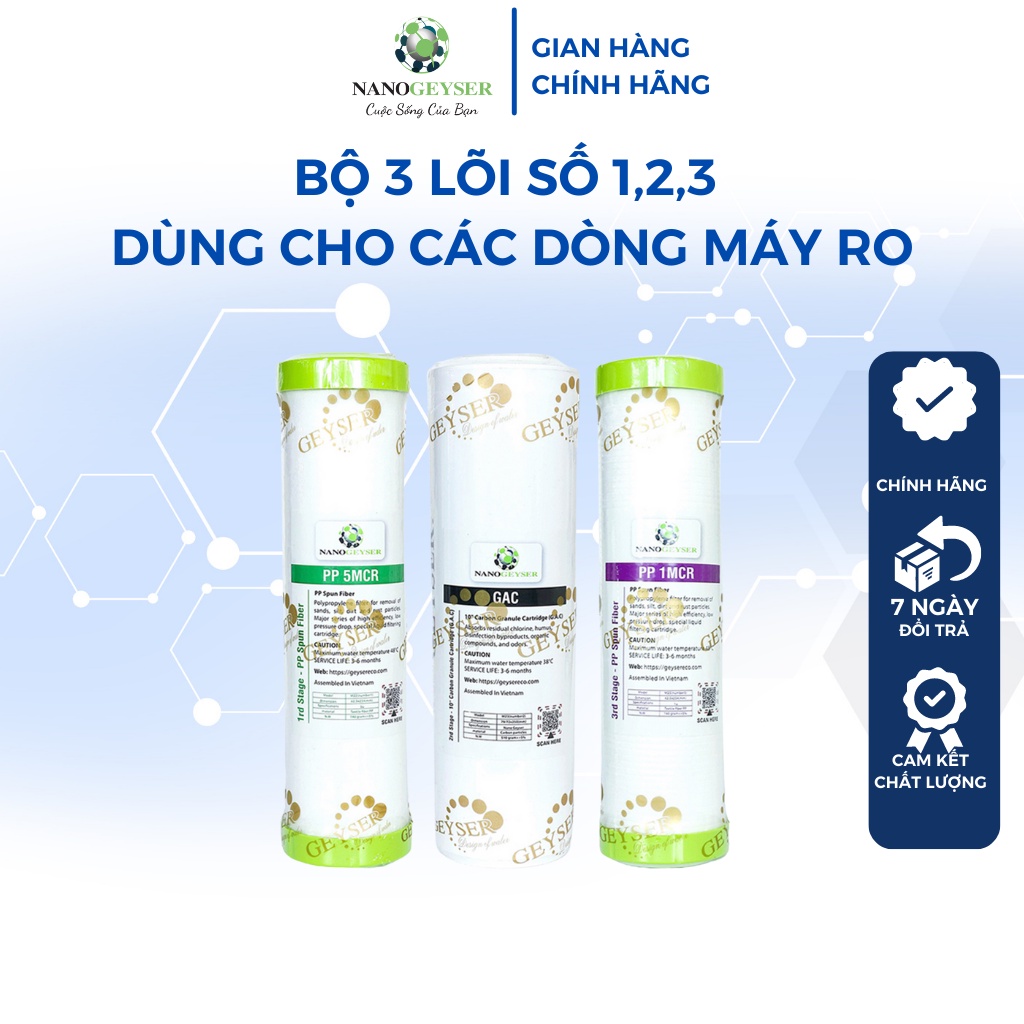 Lõi lọc nước ro 123, lõi lọc nước tinh khiết các dòng máy Aqua, Karofi, Kanguroo, Nano Geyser