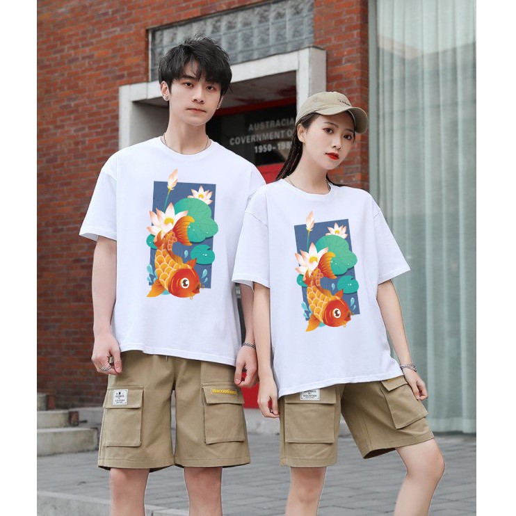 Áo Thun Unisex Khổng Hiền From Rộng Cổ Tròn Tay Lỡ Freesize 38-70kg Cá Chép Hoa Sen