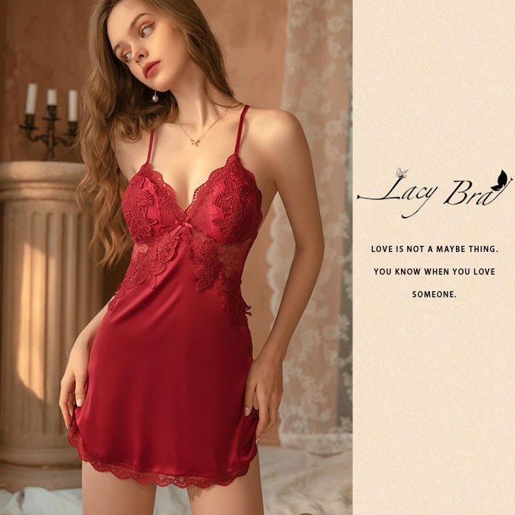 Váy Ngủ Satin Mềm Phối Ren Gợi Cảm Có Đệm Ngực Lacy Bra - V28