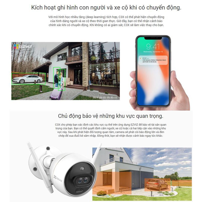 Camera Wifi C3X ngoài trời 2 MegaPixel - H.265 EZVIZ CS-CV310-C3-6B22WFR (C3X - 2MP) đèn chớp, có màu ban đêm