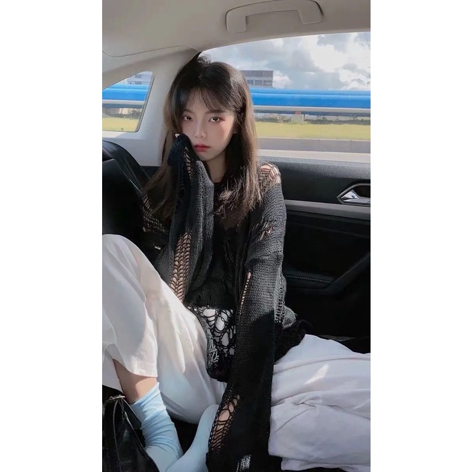 Summer long-sleeved hollow-out ice Silk Loose pullover top women's new mid-length thin sweater lazy style 1uo3