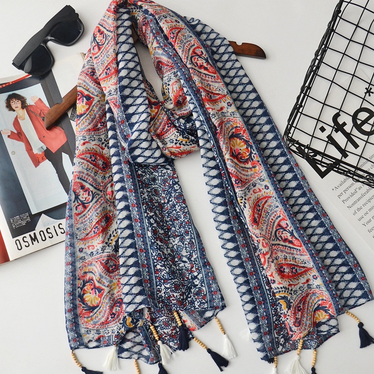 Khăn Choàng Cotton Lanh Phối Tua Rua Phong Cách Bohemian Thời Trang