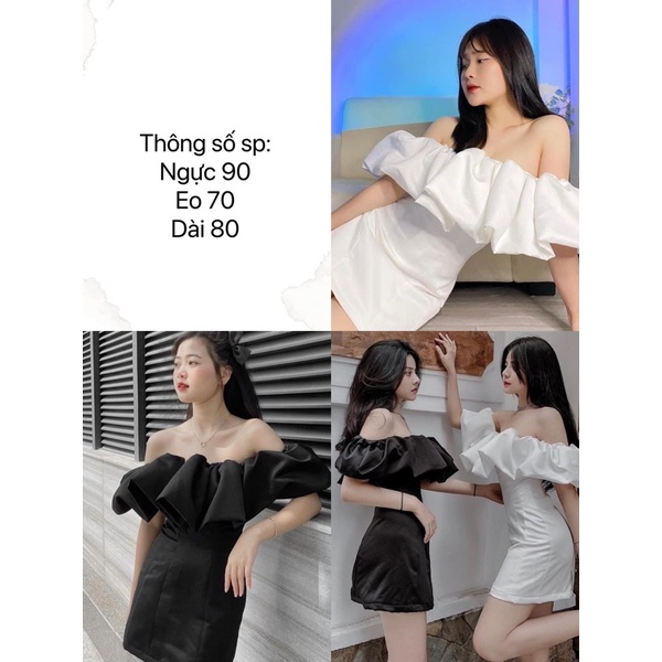 Sẵn Đầm trễ vai bèo bồng trắng đen M