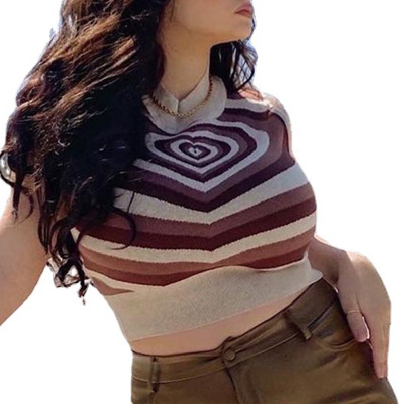 Áo Croptop Dệt Kim Sát Nách Cổ Lọ Màu Sắc Tương Phản In Họa Tiết Trái Tim Thời Trang Mùa Hè Cho Nữ