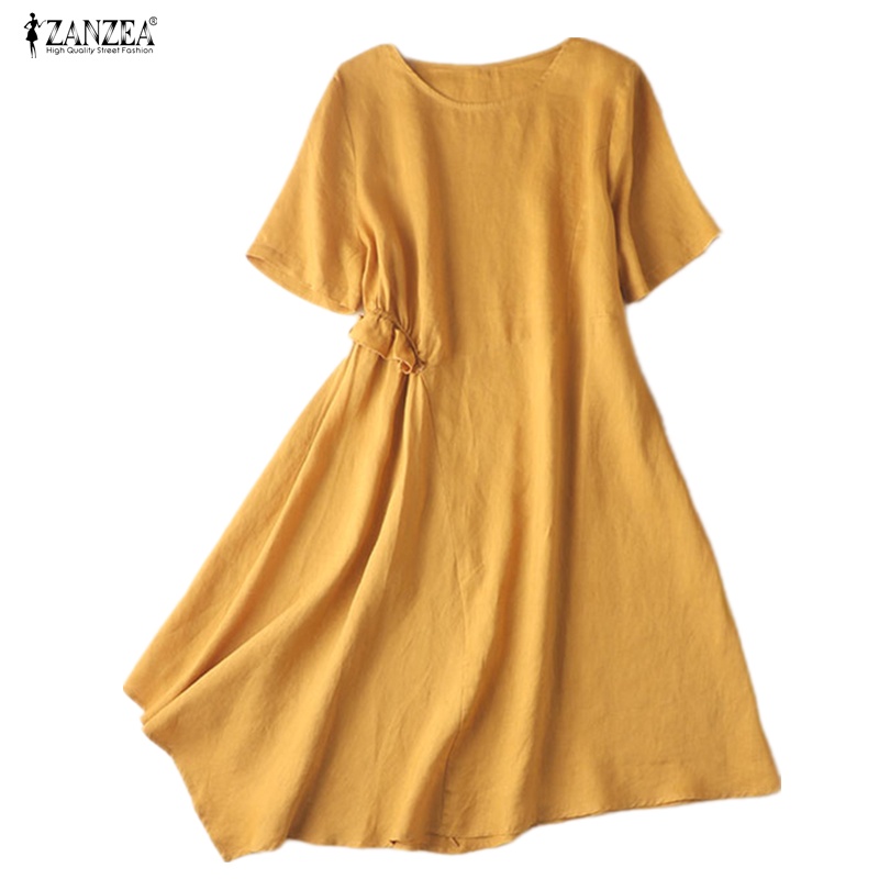 Zanzea Đầm Tay Ngắn Cổ Tròn Màu Trơn Thời Trang Dành Cho Nữ